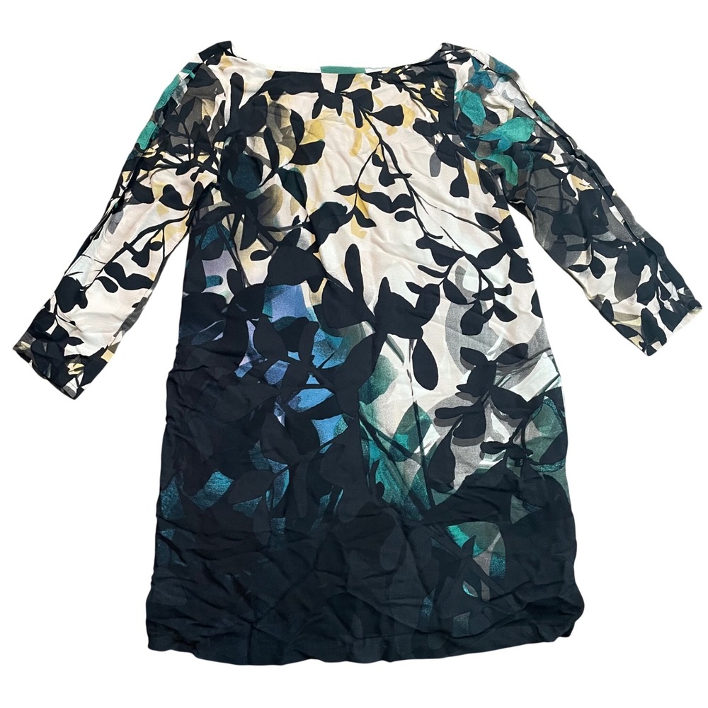 Maeve Anthropologie Botanical Leaf Print Shift Dress Black Teal Cream Small